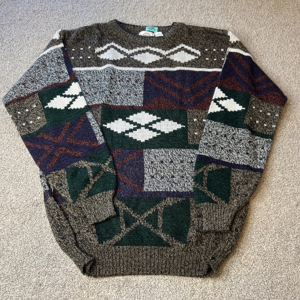vtg 90s knit sweater Mens XL Tall Patchwork Piccadilly‎ grandpa geometry aztec